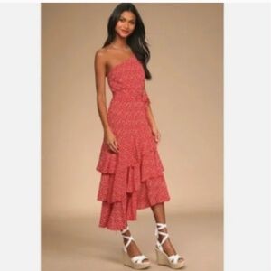 Lulus Slice of Sunshine Red Floral Asymmetric One Shoulder Midi Dress Pink M